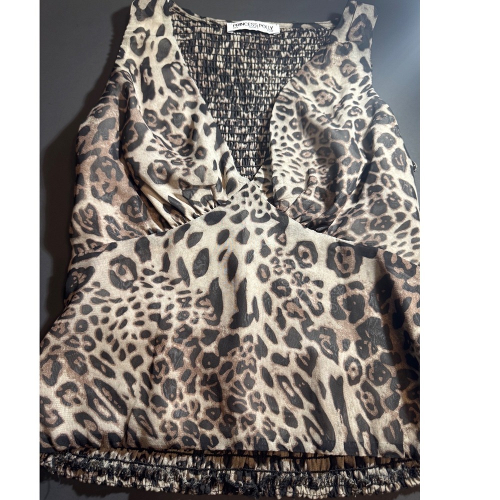 Princess Polly Leopard Print Smocked Back V-Neck Tank Top Brown Womens Size US 4